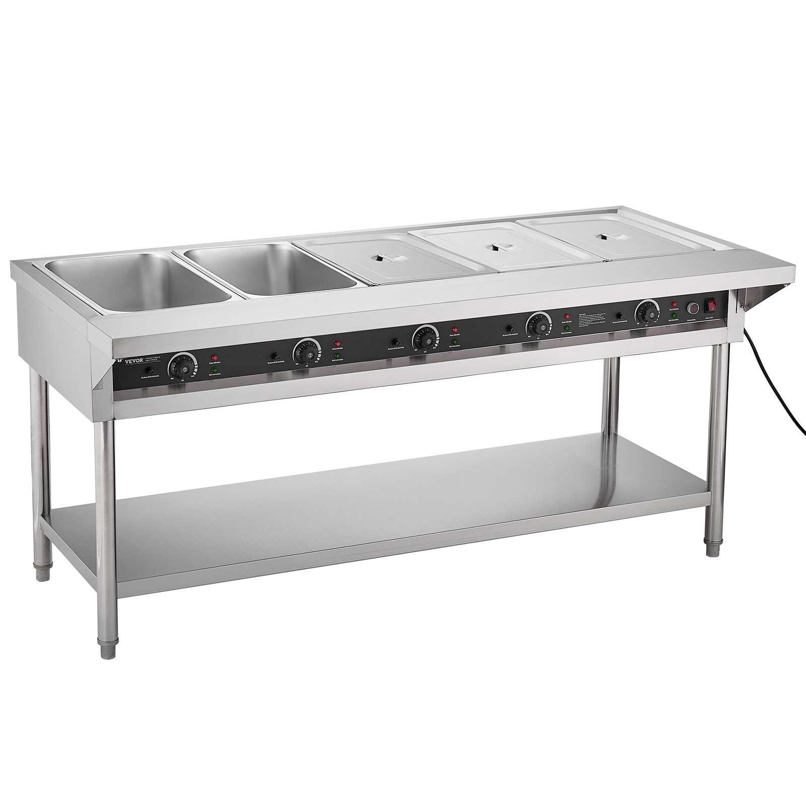 VEVOR 5-Pan Commercial Food Warmer, Electric Steam Table with Independent Temperature Control, 750W x 5 Stainless Steel Buffet Catering Food Warmer with Undershelf and Workspace, for Restaurant