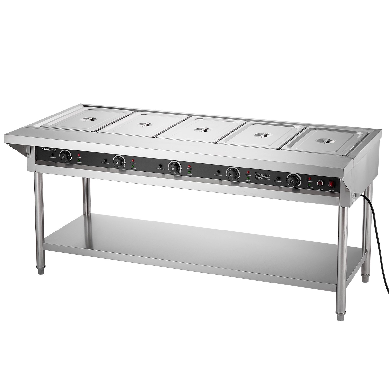 VEVOR 5-Pan Commercial Food Warmer, Electric Steam Table with Independent Temperature Control, 750W x 5 Stainless Steel Buffet Catering Food Warmer with Undershelf and Workspace, for Restaurant