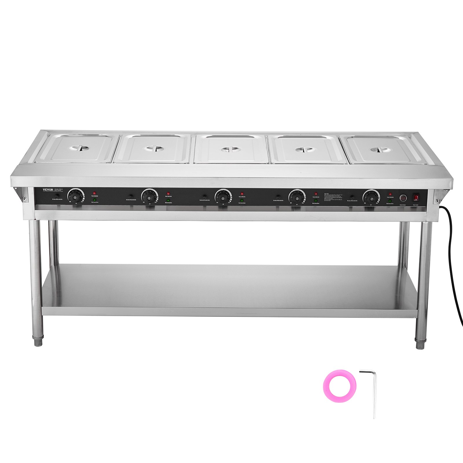 VEVOR 5-Pan Commercial Food Warmer, Electric Steam Table with Independent Temperature Control, 750W x 5 Stainless Steel Buffet Catering Food Warmer with Undershelf and Workspace, for Restaurant