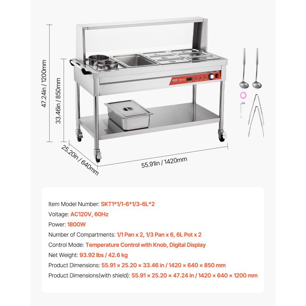 VEVOR Commercial Food Warmer, 7 Pans + 2 Pots Electric Steam Table, 1800W Professional Buffet Catering Food Warmer with Shield Undershelf Wheels, Stainless Steel Server for Party Restaurant Hotel