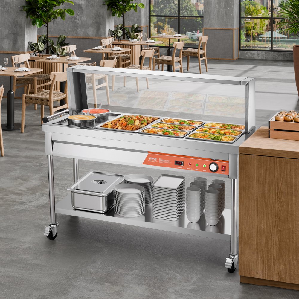 VEVOR Commercial Food Warmer, 7 Pans + 2 Pots Electric Steam Table, 1800W Professional Buffet Catering Food Warmer with Shield Undershelf Wheels, Stainless Steel Server for Party Restaurant Hotel