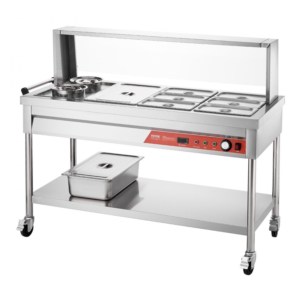 VEVOR Commercial Food Warmer, 7 Pans + 2 Pots Electric Steam Table, 1800W Professional Buffet Catering Food Warmer with Shield Undershelf Wheels, Stainless Steel Server for Party Restaurant Hotel