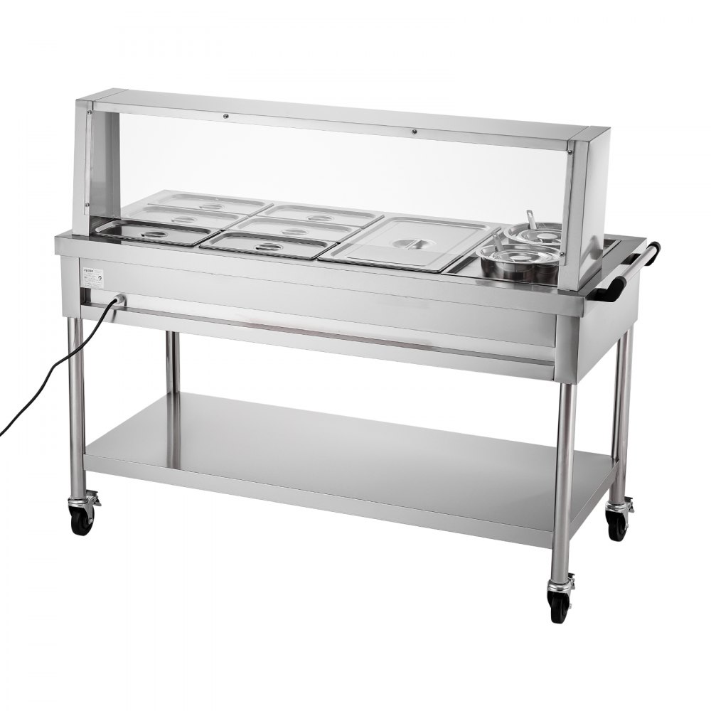 VEVOR Commercial Food Warmer, 7 Pans + 2 Pots Electric Steam Table, 1800W Professional Buffet Catering Food Warmer with Shield Undershelf Wheels, Stainless Steel Server for Party Restaurant Hotel