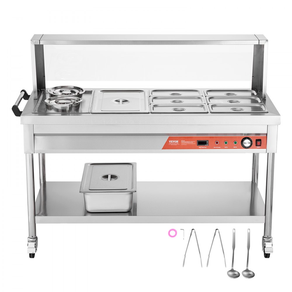 VEVOR Commercial Food Warmer, 7 Pans + 2 Pots Electric Steam Table, 1800W Professional Buffet Catering Food Warmer with Shield Undershelf Wheels, Stainless Steel Server for Party Restaurant Hotel
