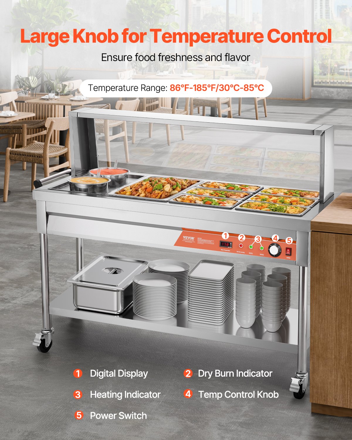 VEVOR Commercial Food Warmer, 7 Pans + 2 Pots Electric Steam Table, 1800W Professional Buffet Catering Food Warmer with Shield Undershelf Wheels, Stainless Steel Server for Party Restaurant Hotel