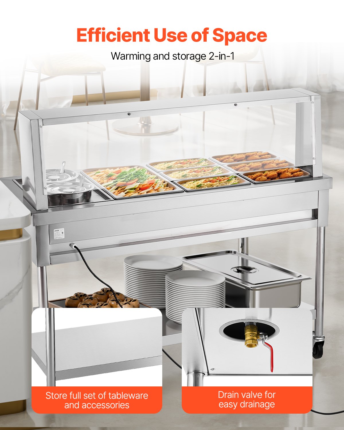 VEVOR Commercial Food Warmer, 7 Pans + 2 Pots Electric Steam Table, 1800W Professional Buffet Catering Food Warmer with Shield Undershelf Wheels, Stainless Steel Server for Party Restaurant Hotel