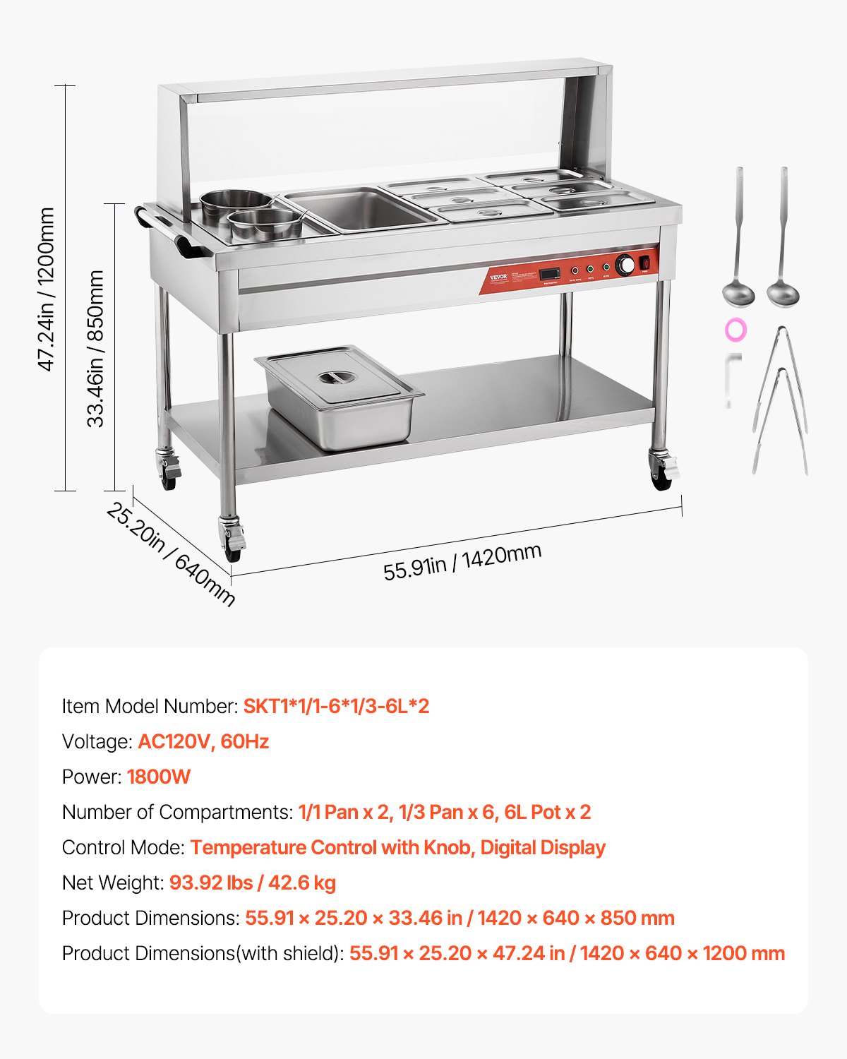 VEVOR Commercial Food Warmer, 7 Pans + 2 Pots Electric Steam Table, 1800W Professional Buffet Catering Food Warmer with Shield Undershelf Wheels, Stainless Steel Server for Party Restaurant Hotel