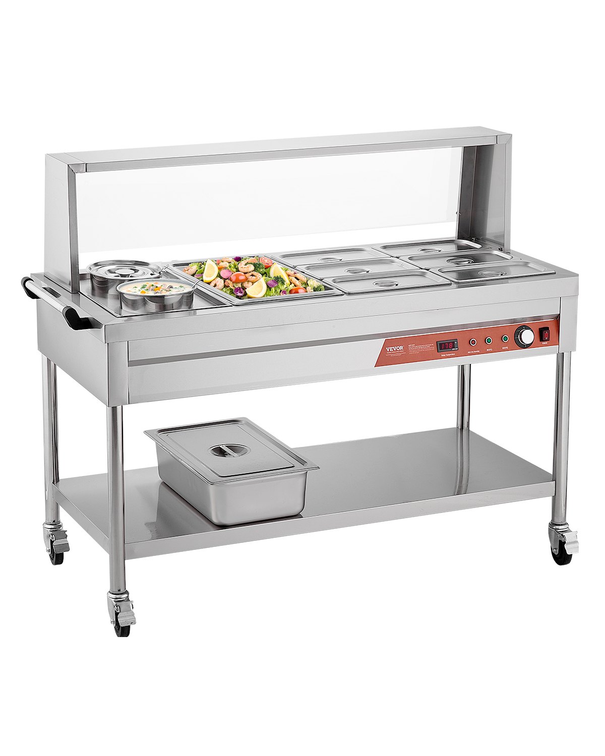 VEVOR Commercial Food Warmer, 7 Pans + 2 Pots Electric Steam Table, 1800W Professional Buffet Catering Food Warmer with Shield Undershelf Wheels, Stainless Steel Server for Party Restaurant Hotel