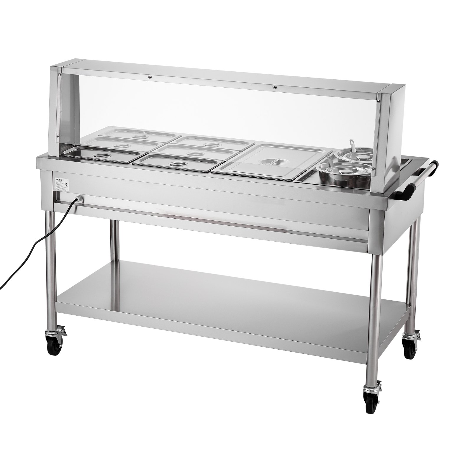 VEVOR Commercial Food Warmer, 7 Pans + 2 Pots Electric Steam Table, 1800W Professional Buffet Catering Food Warmer with Shield Undershelf Wheels, Stainless Steel Server for Party Restaurant Hotel