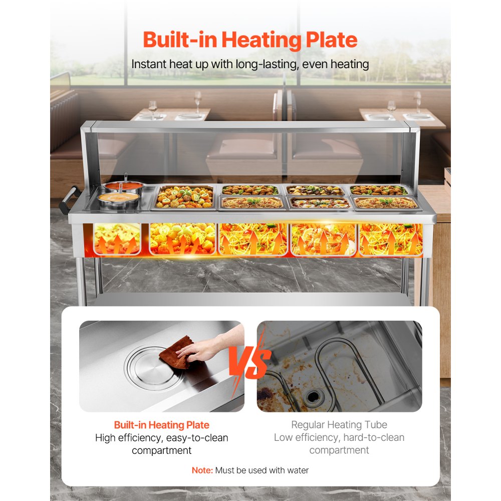 VEVOR Commercial Electric Food Warmer, 7 Pans + 2 Pots Steam Table, 1800W Professional Buffet Catering Food Warmer with Shield Undershelf Wheels, Stainless Steel Server for Party Restaurant