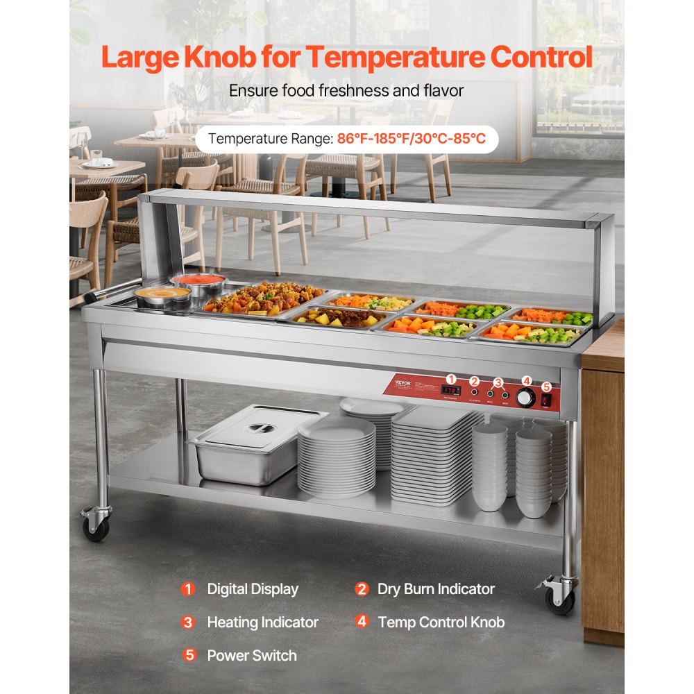 VEVOR Commercial Electric Food Warmer, 7 Pans + 2 Pots Steam Table, 1800W Professional Buffet Catering Food Warmer with Shield Undershelf Wheels, Stainless Steel Server for Party Restaurant