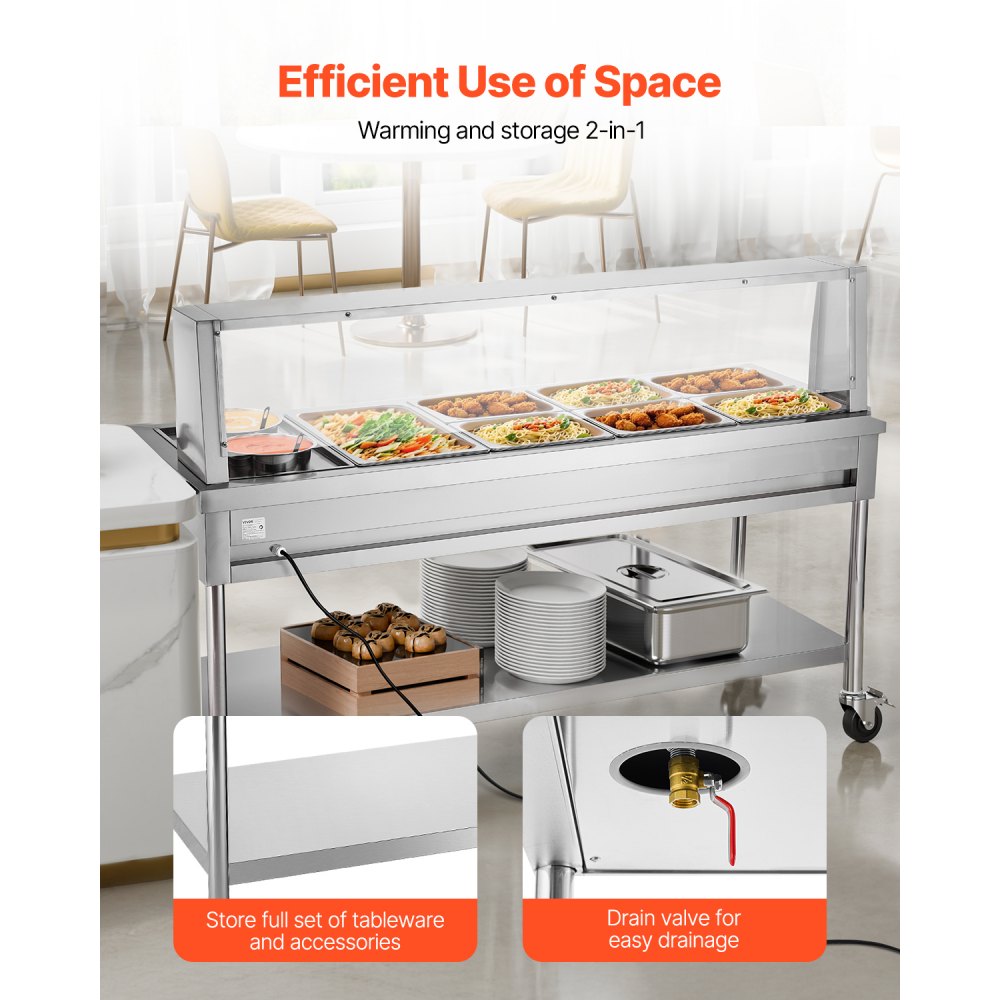 VEVOR Commercial Electric Food Warmer, 7 Pans + 2 Pots Steam Table, 1800W Professional Buffet Catering Food Warmer with Shield Undershelf Wheels, Stainless Steel Server for Party Restaurant