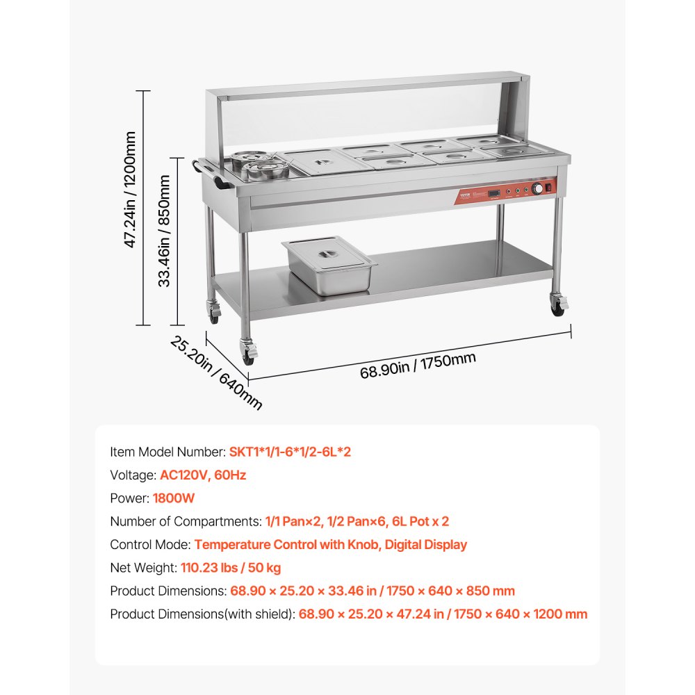 VEVOR Commercial Electric Food Warmer, 7 Pans + 2 Pots Steam Table, 1800W Professional Buffet Catering Food Warmer with Shield Undershelf Wheels, Stainless Steel Server for Party Restaurant