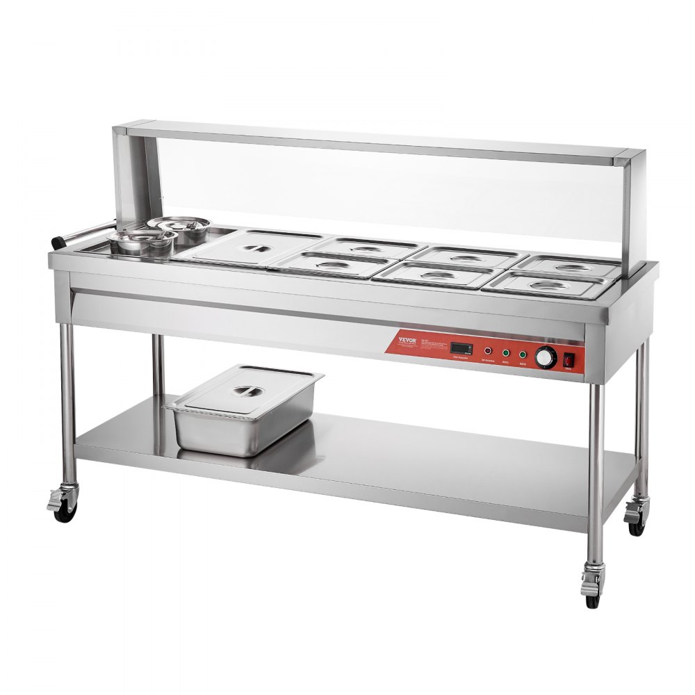 VEVOR Commercial Electric Food Warmer, 7 Pans + 2 Pots Steam Table, 1800W Professional Buffet Catering Food Warmer with Shield Undershelf Wheels, Stainless Steel Server for Party Restaurant