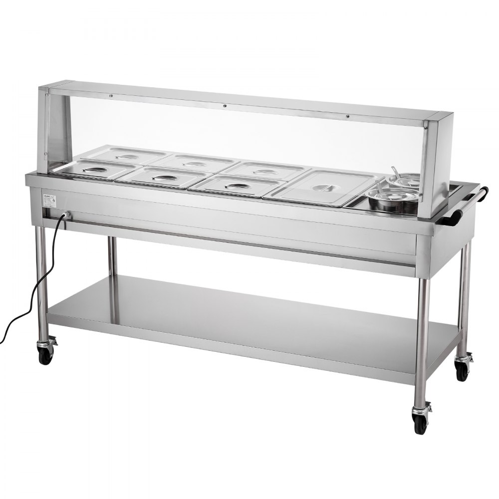 VEVOR Commercial Electric Food Warmer, 7 Pans + 2 Pots Steam Table, 1800W Professional Buffet Catering Food Warmer with Shield Undershelf Wheels, Stainless Steel Server for Party Restaurant