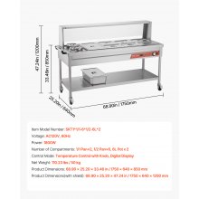 Commercial Food Warmer 7 Pans + 2 Pots Steam Table with Undershelf Shield