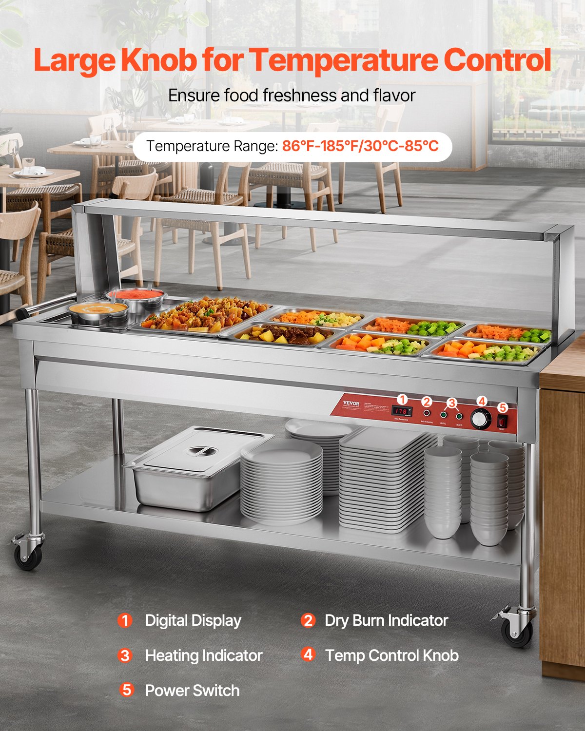 VEVOR Commercial Electric Food Warmer, 7 Pans + 2 Pots Steam Table, 1800W Professional Buffet Catering Food Warmer with Shield Undershelf Wheels, Stainless Steel Server for Party Restaurant