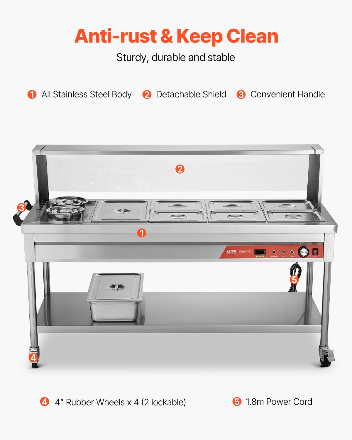 VEVOR Commercial Electric Food Warmer, 7 Pans + 2 Pots Steam Table, 1800W Professional Buffet Catering Food Warmer with Shield Undershelf Wheels, Stainless Steel Server for Party Restaurant