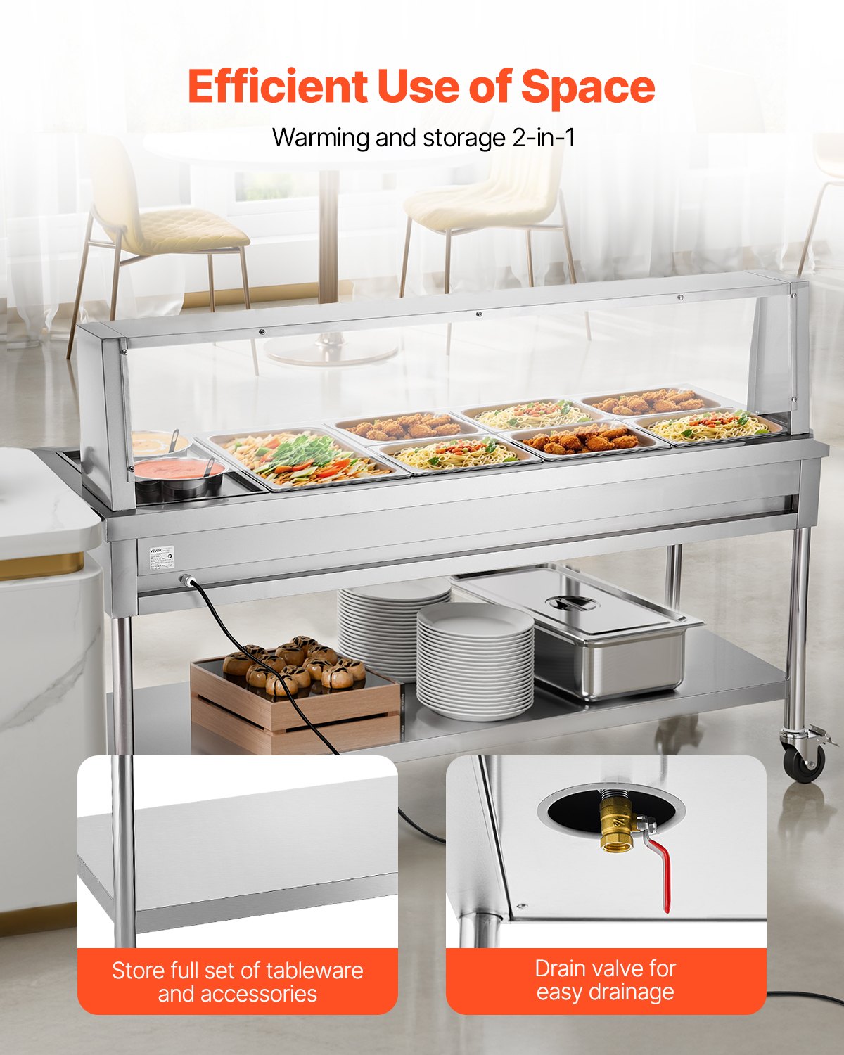 VEVOR Commercial Electric Food Warmer, 7 Pans + 2 Pots Steam Table, 1800W Professional Buffet Catering Food Warmer with Shield Undershelf Wheels, Stainless Steel Server for Party Restaurant