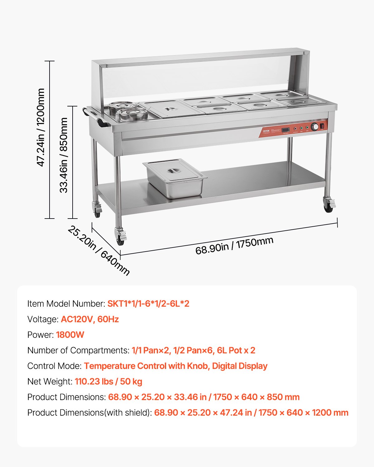 VEVOR Commercial Electric Food Warmer, 7 Pans + 2 Pots Steam Table, 1800W Professional Buffet Catering Food Warmer with Shield Undershelf Wheels, Stainless Steel Server for Party Restaurant