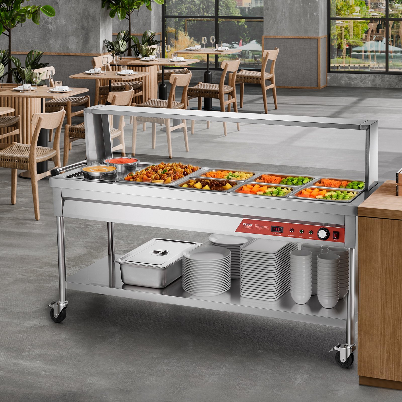 VEVOR Commercial Electric Food Warmer, 7 Pans + 2 Pots Steam Table, 1800W Professional Buffet Catering Food Warmer with Shield Undershelf Wheels, Stainless Steel Server for Party Restaurant