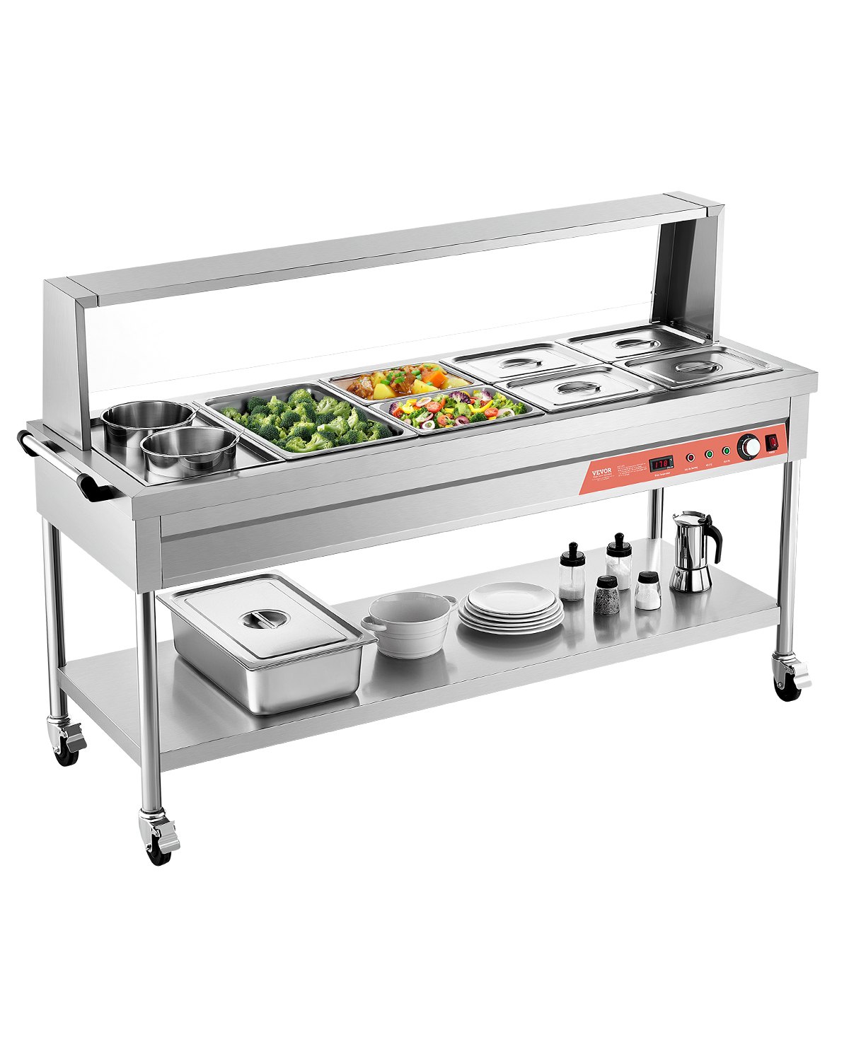 VEVOR Commercial Electric Food Warmer, 7 Pans + 2 Pots Steam Table, 1800W Professional Buffet Catering Food Warmer with Shield Undershelf Wheels, Stainless Steel Server for Party Restaurant