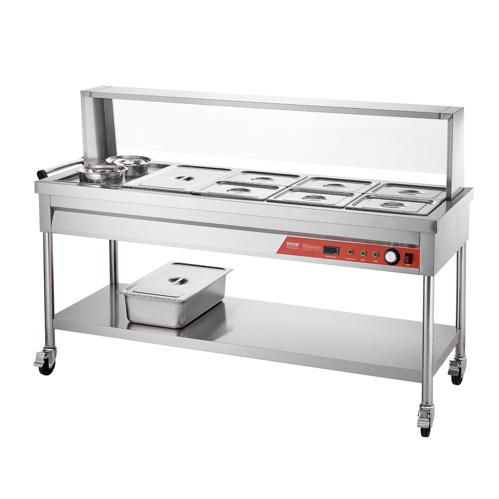VEVOR Commercial Electric Food Warmer, 7 Pans + 2 Pots Steam Table, 1800W Professional Buffet Catering Food Warmer with Shield Undershelf Wheels, Stainless Steel Server for Party Restaurant