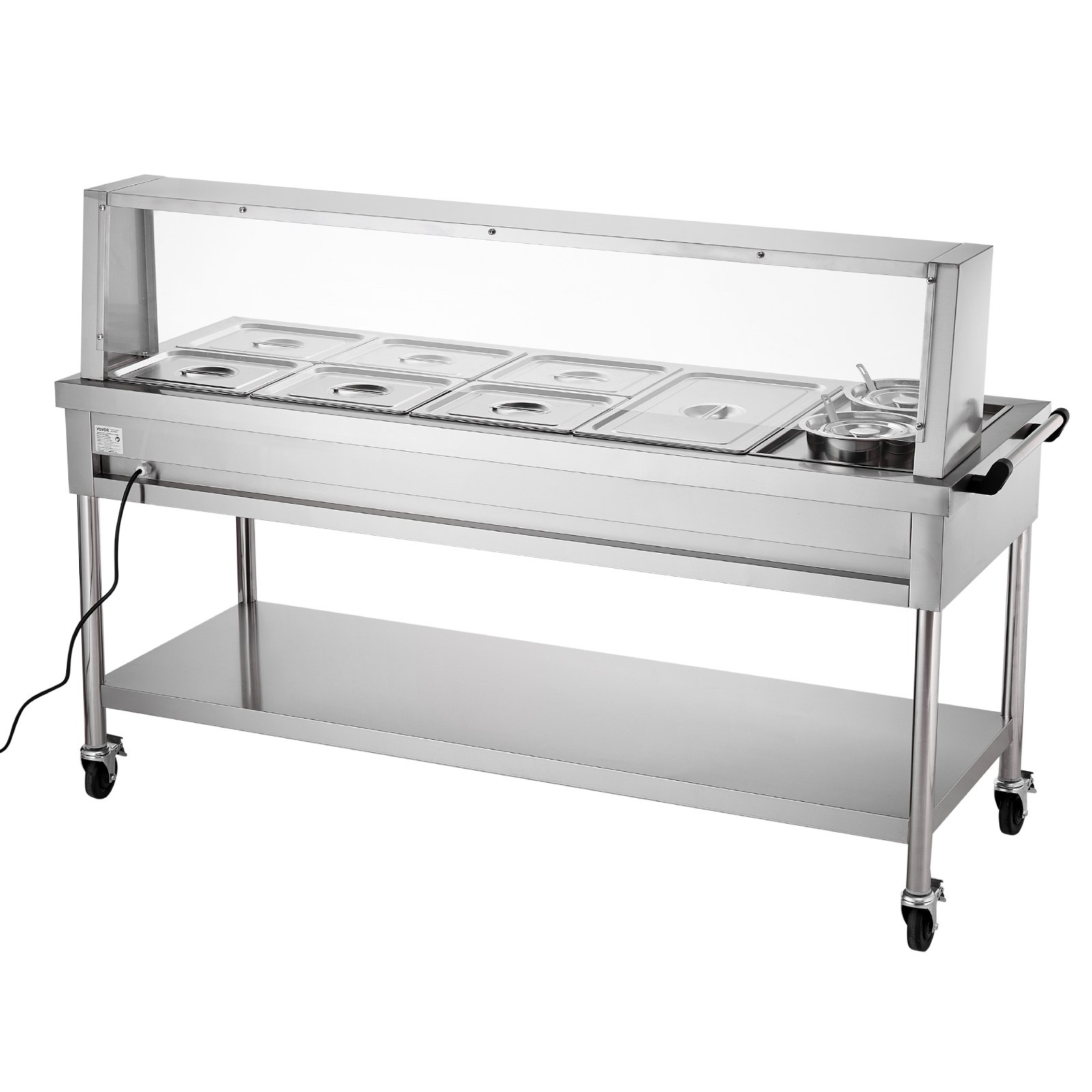 VEVOR Commercial Electric Food Warmer, 7 Pans + 2 Pots Steam Table, 1800W Professional Buffet Catering Food Warmer with Shield Undershelf Wheels, Stainless Steel Server for Party Restaurant