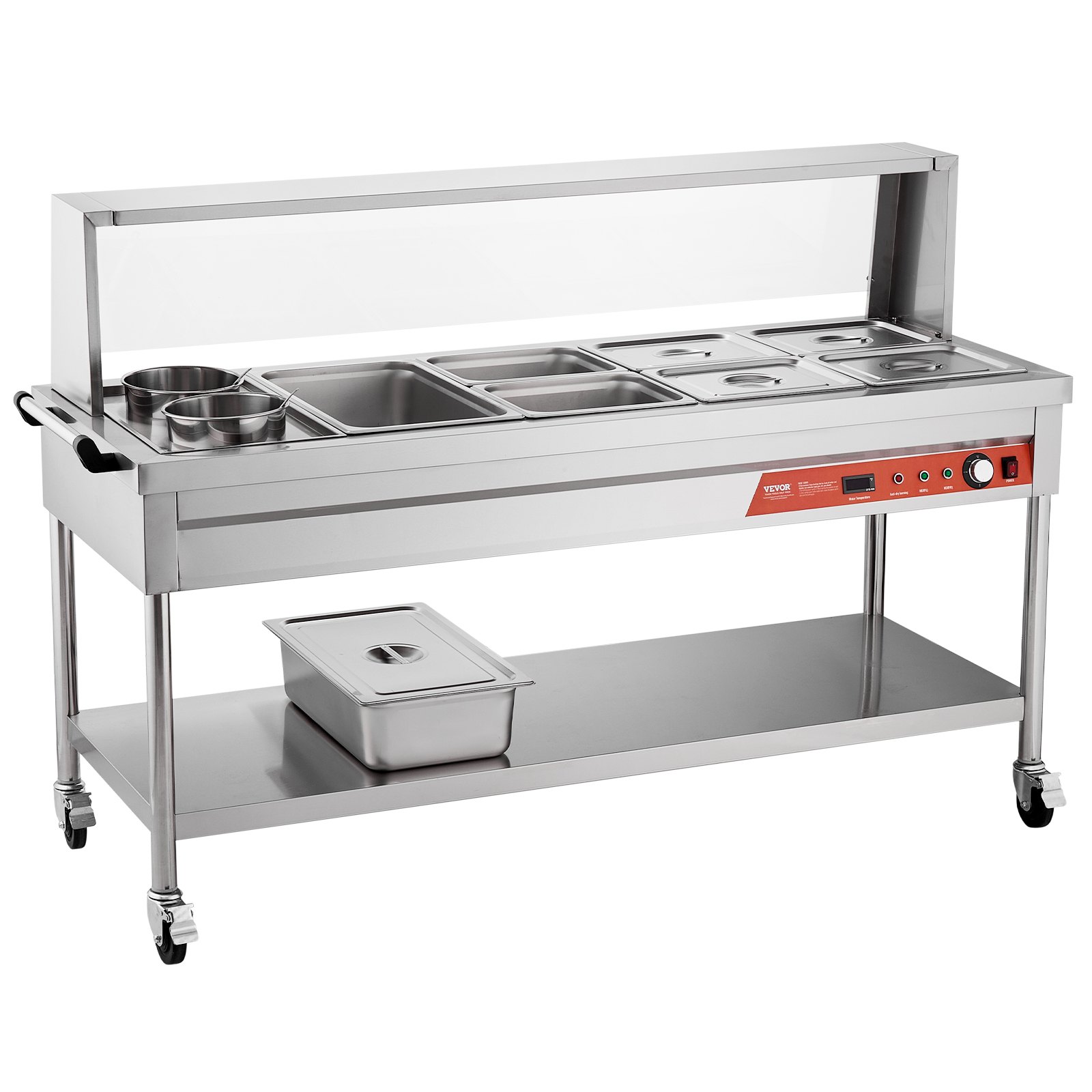 VEVOR Commercial Electric Food Warmer, 7 Pans + 2 Pots Steam Table, 1800W Professional Buffet Catering Food Warmer with Shield Undershelf Wheels, Stainless Steel Server for Party Restaurant