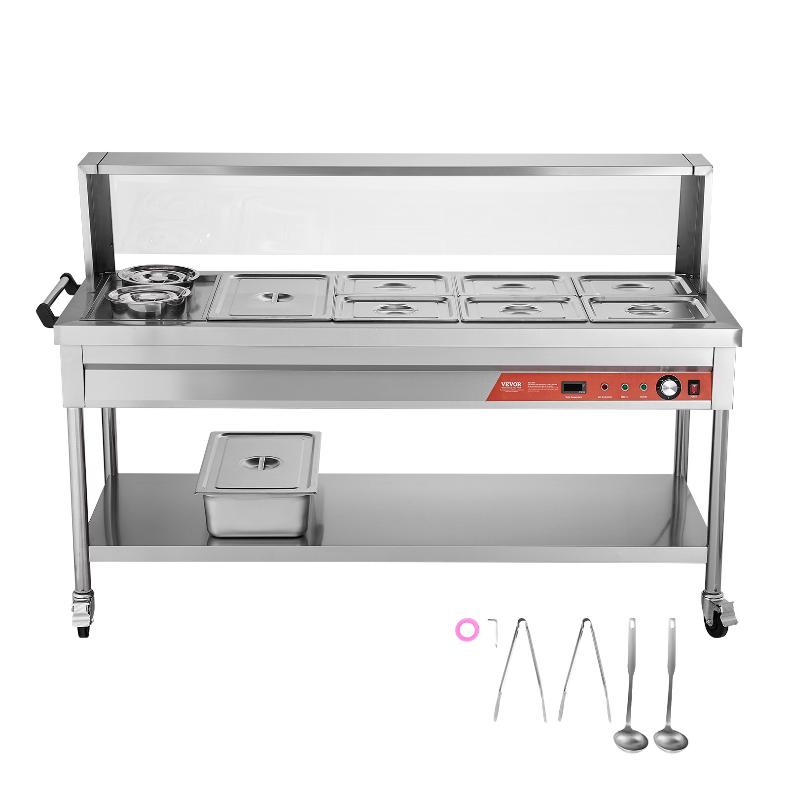 VEVOR Commercial Electric Food Warmer, 7 Pans + 2 Pots Steam Table, 1800W Professional Buffet Catering Food Warmer with Shield Undershelf Wheels, Stainless Steel Server for Party Restaurant