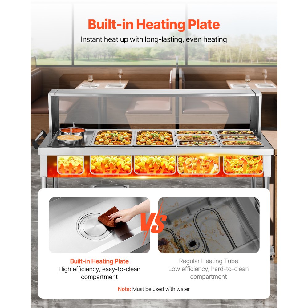 VEVOR Commercial Food Warmer, 8 Pans + 2 Pots Electric Steam Table, 1800W Professional Buffet Catering Food Warmer with Shield Undershelf Wheels, Stainless Steel Server for Party Restaurant