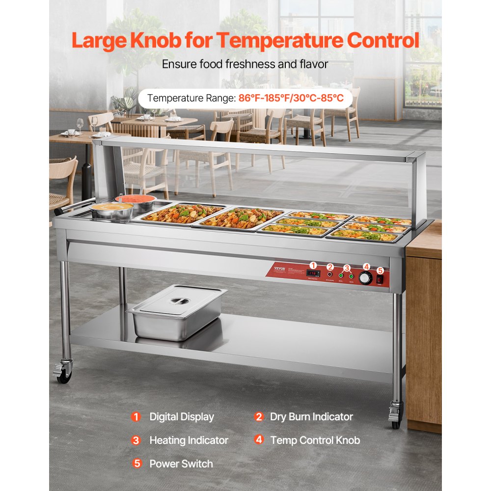 VEVOR Commercial Food Warmer, 8 Pans + 2 Pots Electric Steam Table, 1800W Professional Buffet Catering Food Warmer with Shield Undershelf Wheels, Stainless Steel Server for Party Restaurant