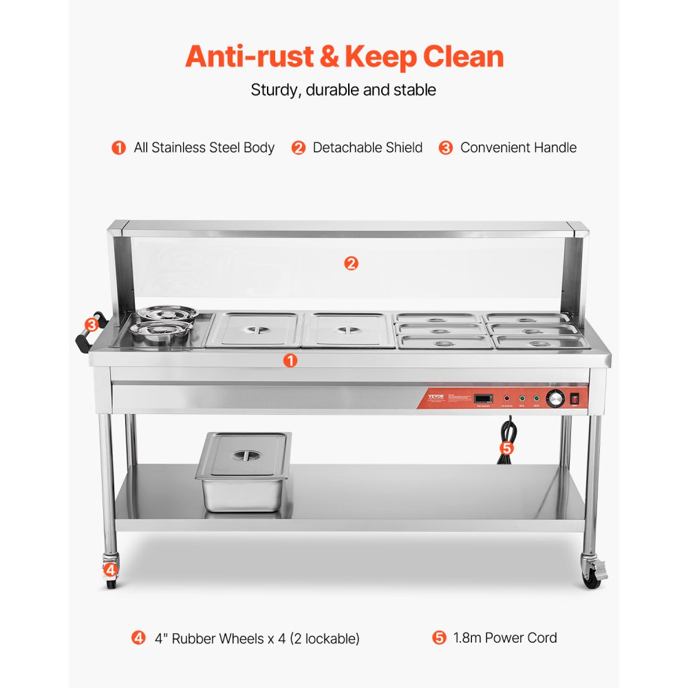 VEVOR Commercial Food Warmer, 8 Pans + 2 Pots Electric Steam Table, 1800W Professional Buffet Catering Food Warmer with Shield Undershelf Wheels, Stainless Steel Server for Party Restaurant