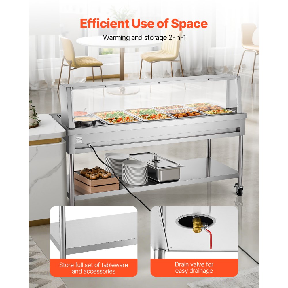 VEVOR Commercial Food Warmer, 8 Pans + 2 Pots Electric Steam Table, 1800W Professional Buffet Catering Food Warmer with Shield Undershelf Wheels, Stainless Steel Server for Party Restaurant