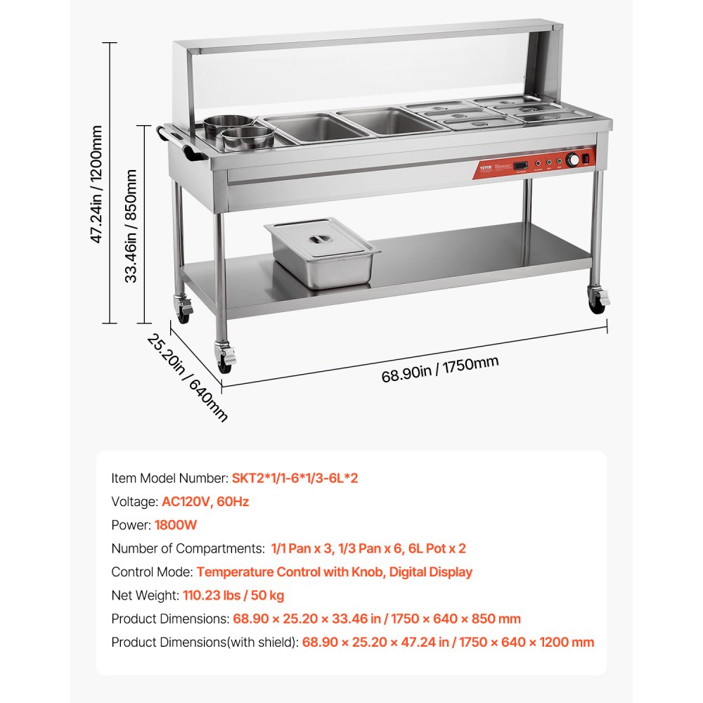 VEVOR Commercial Food Warmer, 8 Pans + 2 Pots Electric Steam Table, 1800W Professional Buffet Catering Food Warmer with Shield Undershelf Wheels, Stainless Steel Server for Party Restaurant