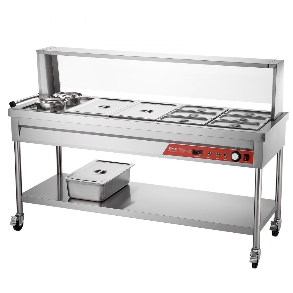 VEVOR Commercial Food Warmer, 8 Pans + 2 Pots Electric Steam Table, 1800W Professional Buffet Catering Food Warmer with Shield Undershelf Wheels, Stainless Steel Server for Party Restaurant