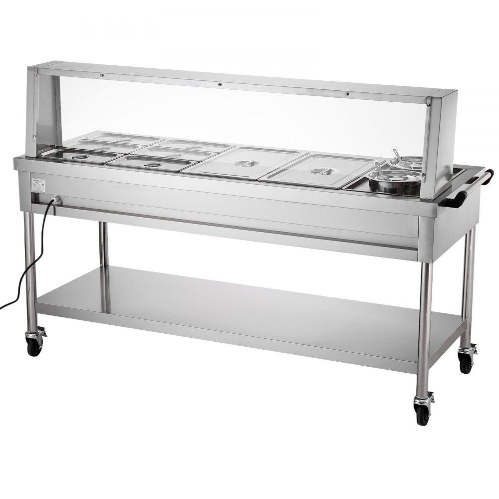 VEVOR Commercial Food Warmer, 8 Pans + 2 Pots Electric Steam Table, 1800W Professional Buffet Catering Food Warmer with Shield Undershelf Wheels, Stainless Steel Server for Party Restaurant