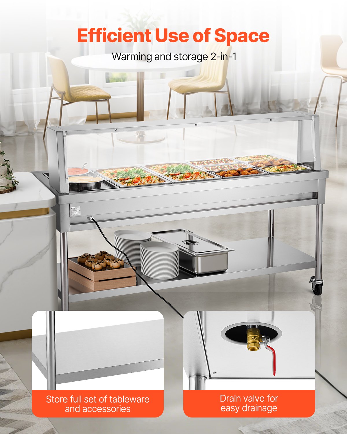 VEVOR Commercial Food Warmer, 8 Pans + 2 Pots Electric Steam Table, 1800W Professional Buffet Catering Food Warmer with Shield Undershelf Wheels, Stainless Steel Server for Party Restaurant