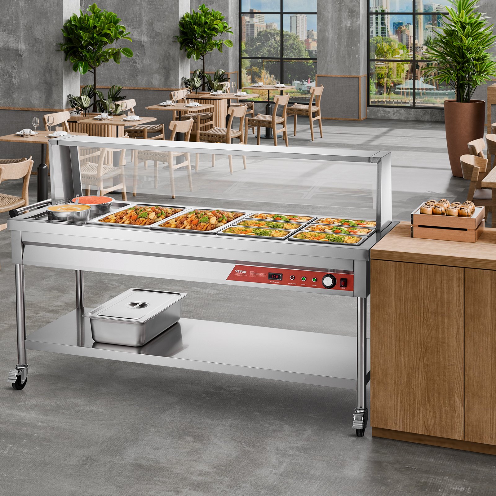 VEVOR Commercial Food Warmer, 8 Pans + 2 Pots Electric Steam Table, 1800W Professional Buffet Catering Food Warmer with Shield Undershelf Wheels, Stainless Steel Server for Party Restaurant