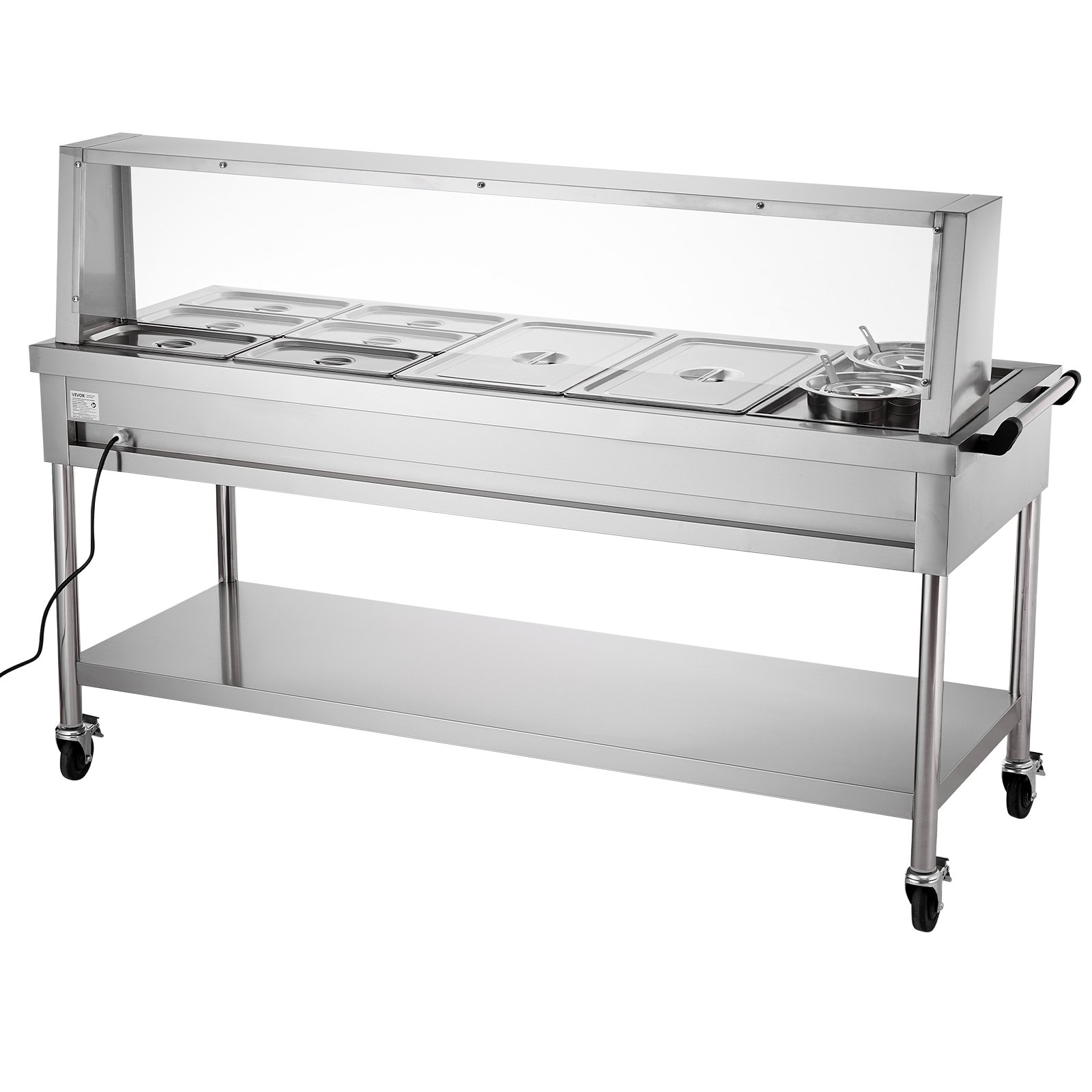 VEVOR Commercial Food Warmer, 8 Pans + 2 Pots Electric Steam Table, 1800W Professional Buffet Catering Food Warmer with Shield Undershelf Wheels, Stainless Steel Server for Party Restaurant