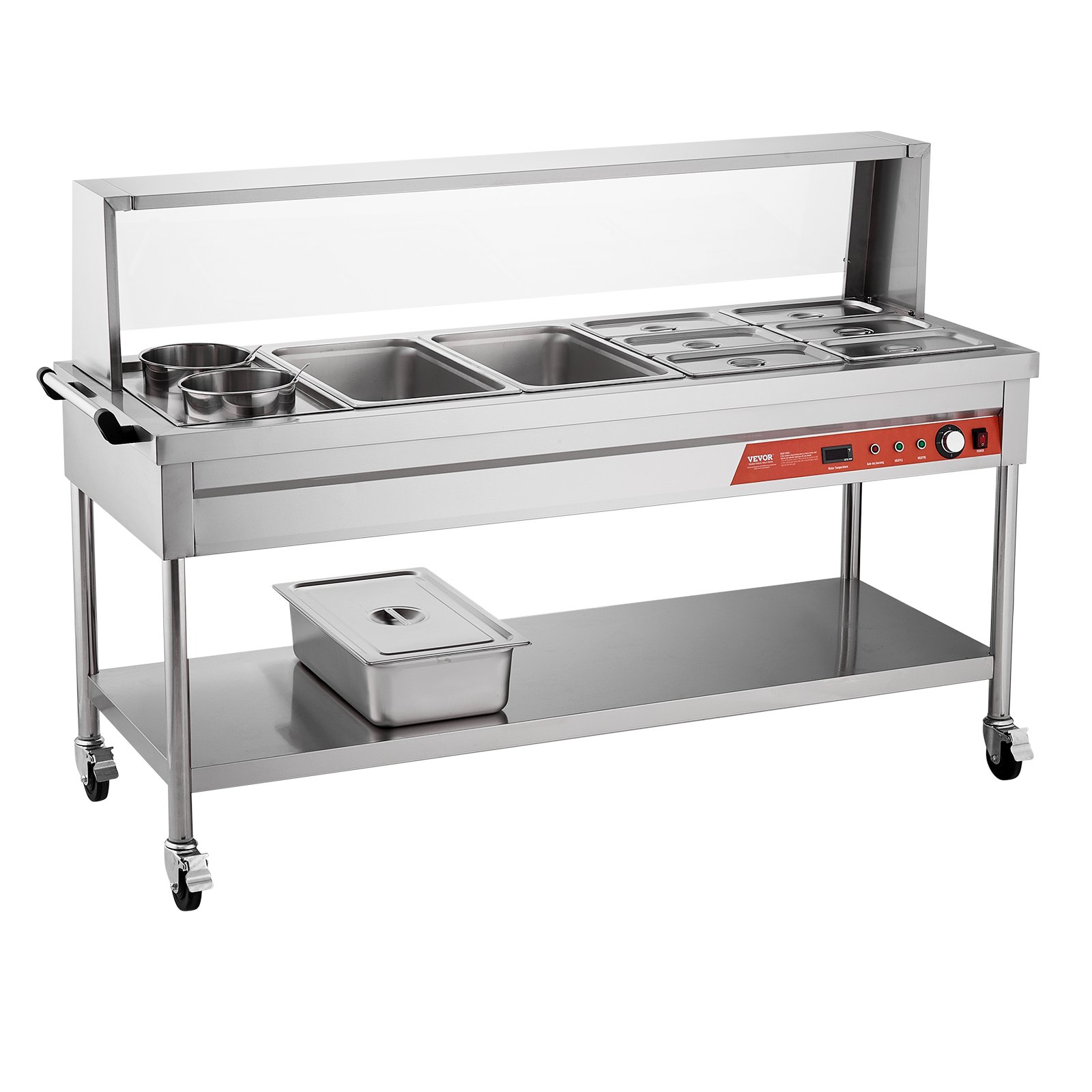 VEVOR Commercial Food Warmer, 8 Pans + 2 Pots Electric Steam Table, 1800W Professional Buffet Catering Food Warmer with Shield Undershelf Wheels, Stainless Steel Server for Party Restaurant