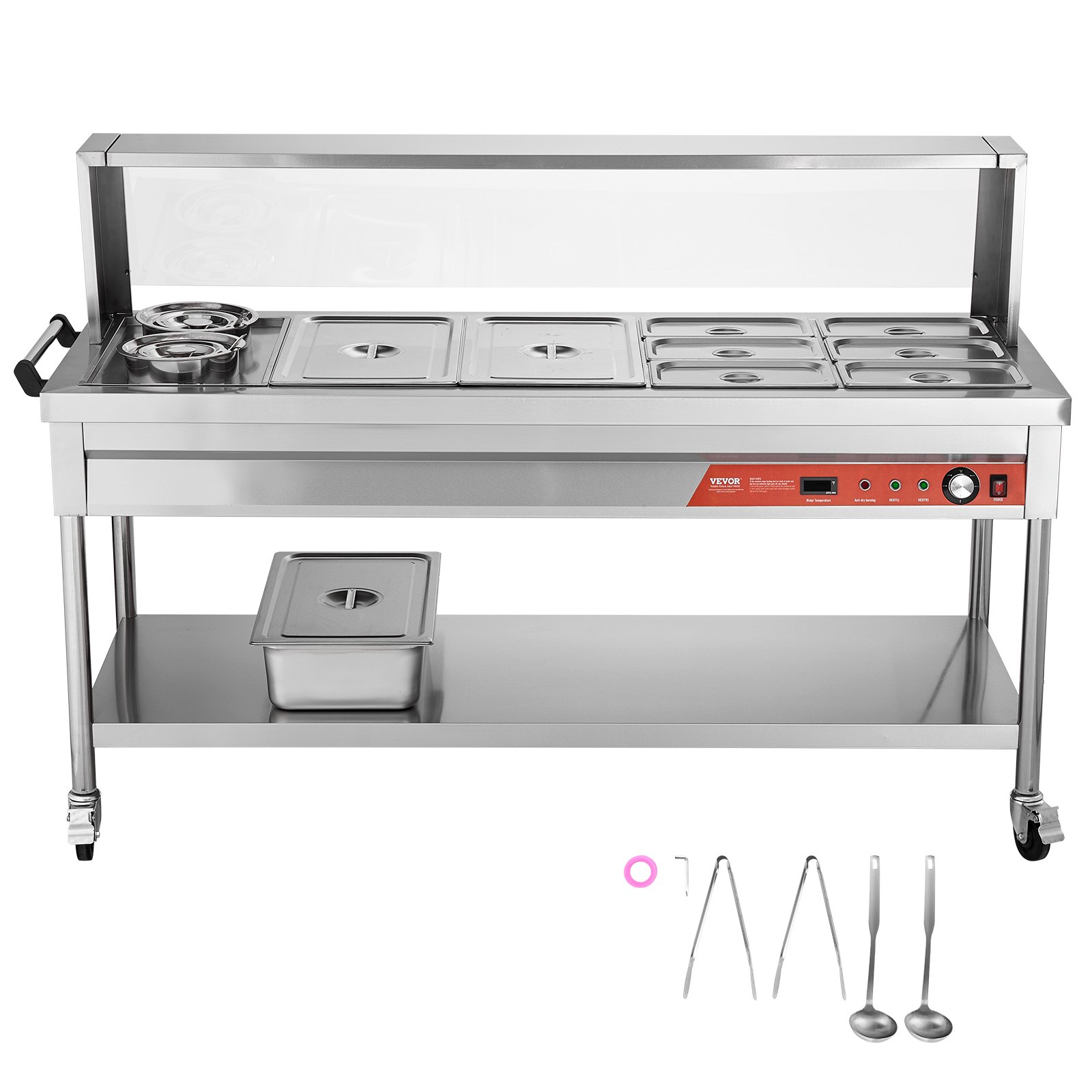 VEVOR Commercial Food Warmer, 8 Pans + 2 Pots Electric Steam Table, 1800W Professional Buffet Catering Food Warmer with Shield Undershelf Wheels, Stainless Steel Server for Party Restaurant