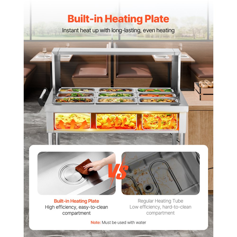 VEVOR 9-Pan Commercial Food Warmer, 9 x 1/3 Pans Electric Steam Table, 1500W Professional Buffet Catering Food Warmer with Shield Undershelf Wheels, Stainless Steel Server for Party Restaurant