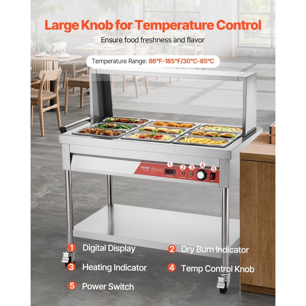 VEVOR 9-Pan Commercial Food Warmer, 9 x 1/3 Pans Electric Steam Table, 1500W Professional Buffet Catering Food Warmer with Shield Undershelf Wheels, Stainless Steel Server for Party Restaurant