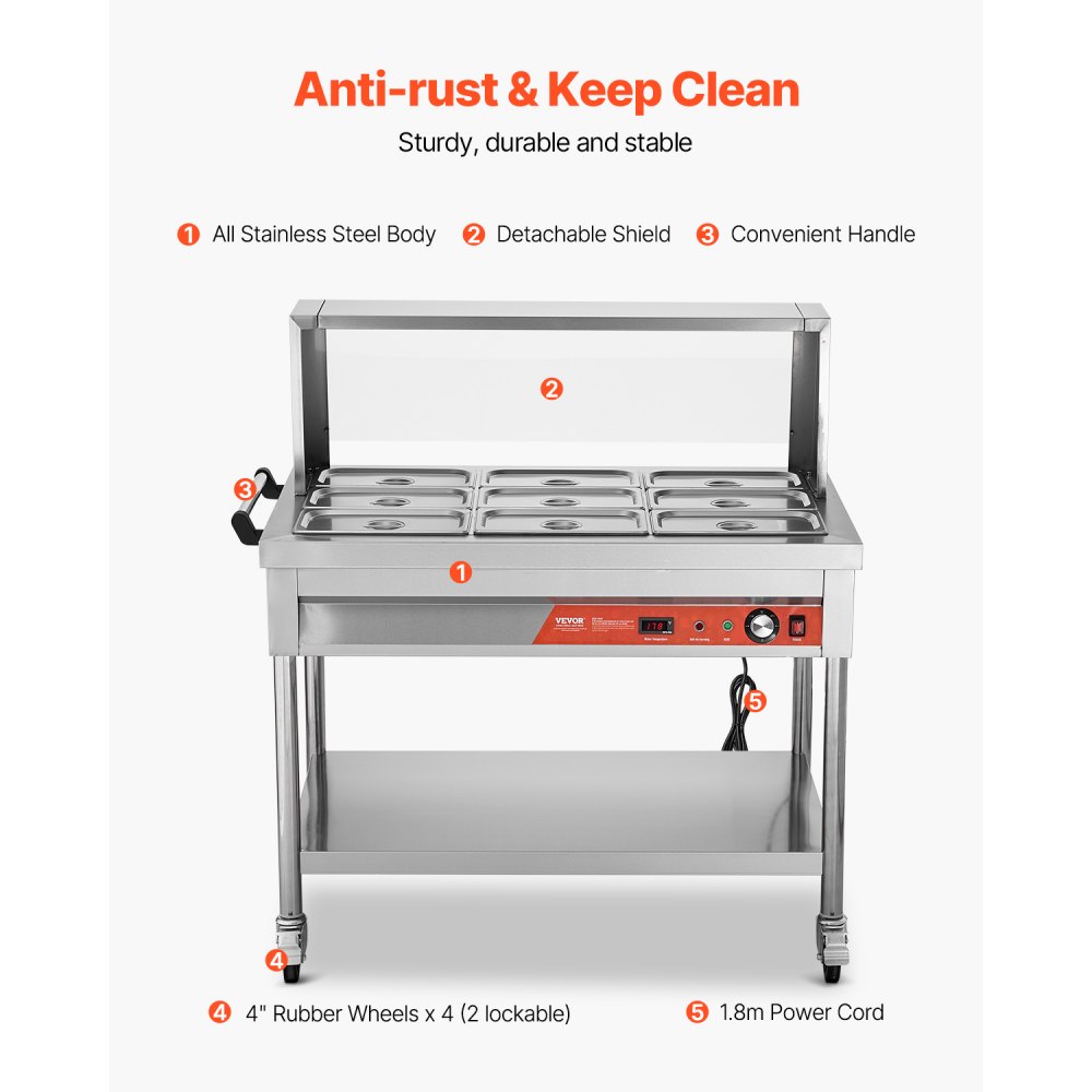 VEVOR 9-Pan Commercial Food Warmer, 9 x 1/3 Pans Electric Steam Table, 1500W Professional Buffet Catering Food Warmer with Shield Undershelf Wheels, Stainless Steel Server for Party Restaurant