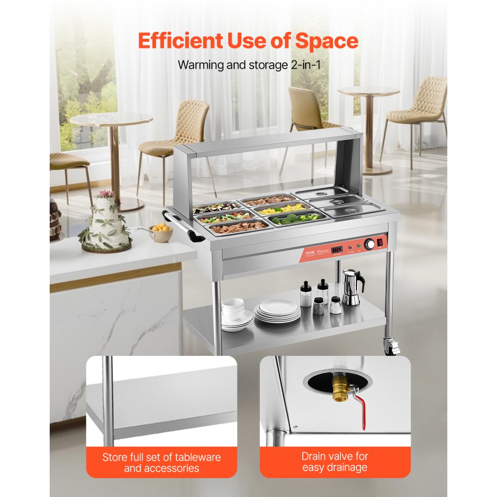 VEVOR 9-Pan Commercial Food Warmer, 9 x 1/3 Pans Electric Steam Table, 1500W Professional Buffet Catering Food Warmer with Shield Undershelf Wheels, Stainless Steel Server for Party Restaurant