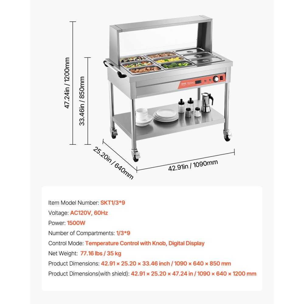 VEVOR 9-Pan Commercial Food Warmer, 9 x 1/3 Pans Electric Steam Table, 1500W Professional Buffet Catering Food Warmer with Shield Undershelf Wheels, Stainless Steel Server for Party Restaurant