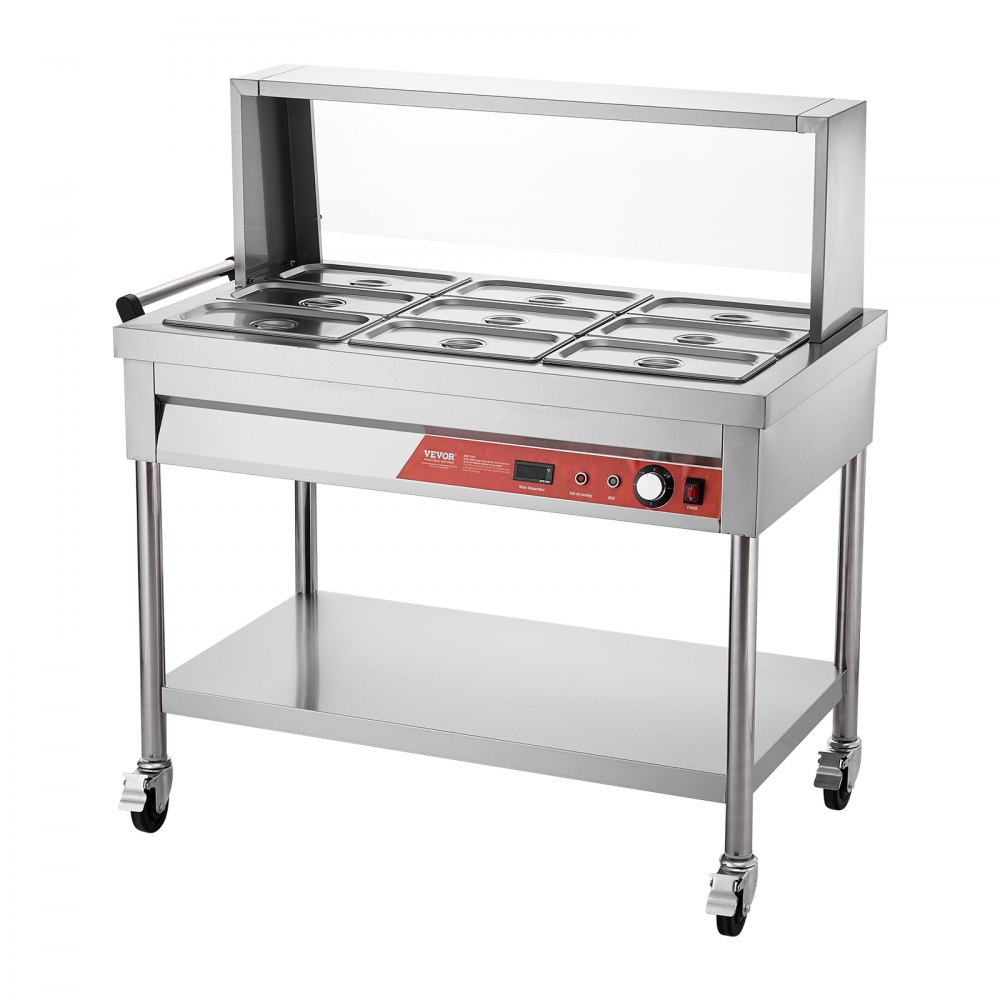 VEVOR 9-Pan Commercial Food Warmer, 9 x 1/3 Pans Electric Steam Table, 1500W Professional Buffet Catering Food Warmer with Shield Undershelf Wheels, Stainless Steel Server for Party Restaurant