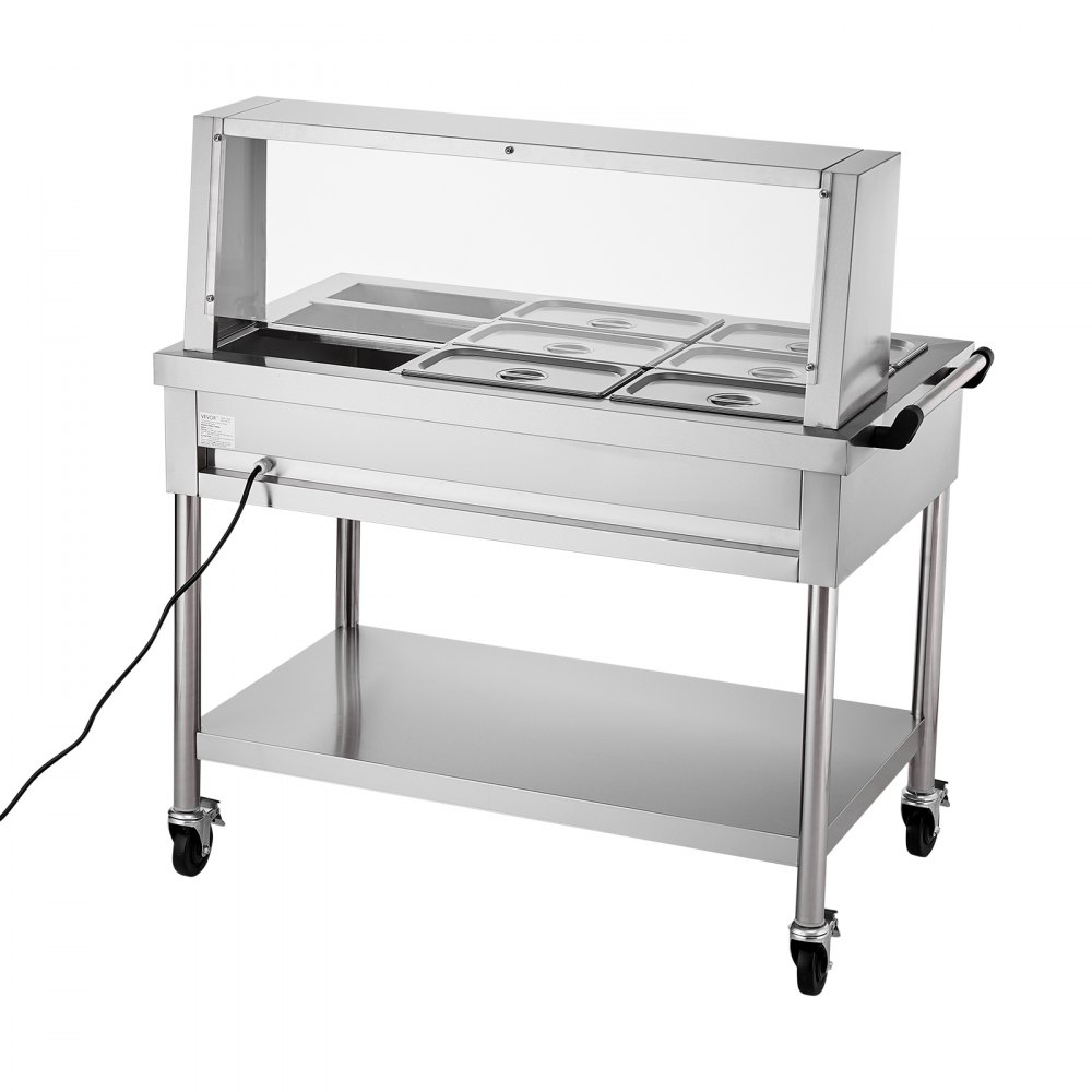 VEVOR 9-Pan Commercial Food Warmer, 9 x 1/3 Pans Electric Steam Table, 1500W Professional Buffet Catering Food Warmer with Shield Undershelf Wheels, Stainless Steel Server for Party Restaurant