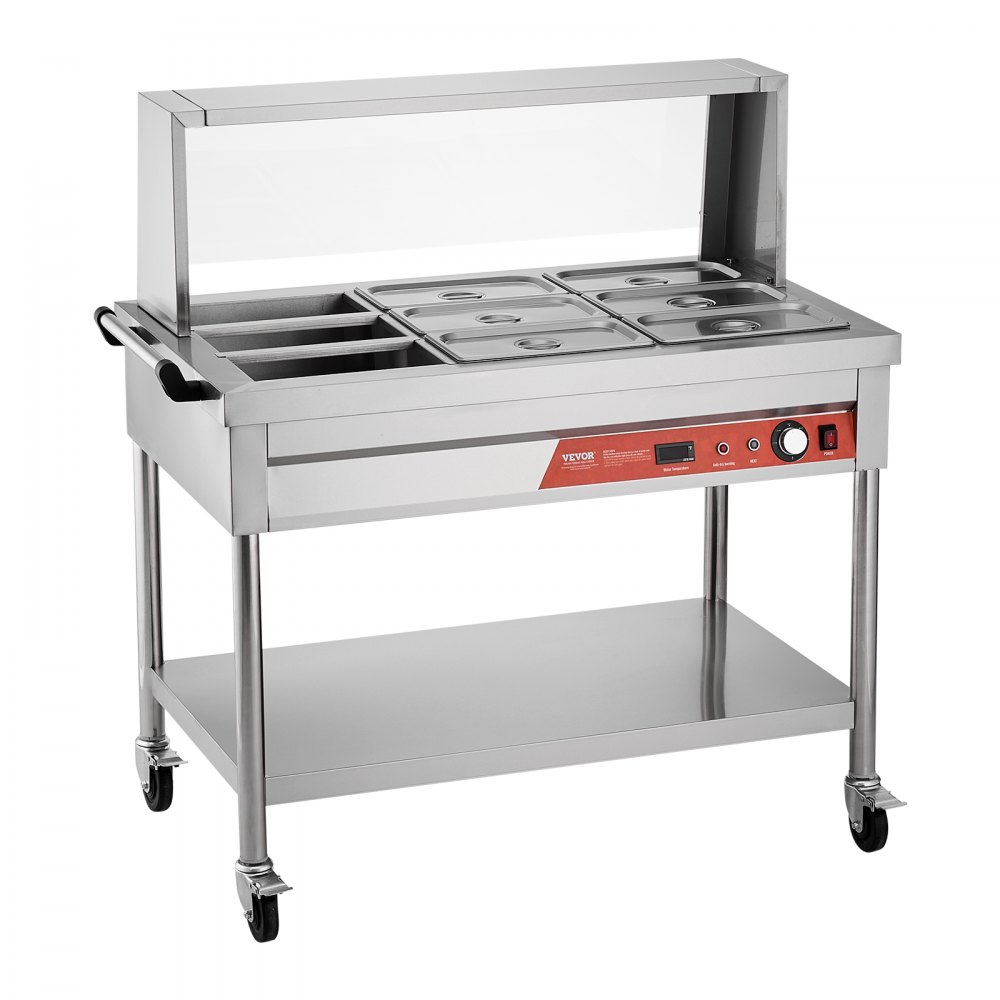 VEVOR 9-Pan Commercial Food Warmer, 9 x 1/3 Pans Electric Steam Table, 1500W Professional Buffet Catering Food Warmer with Shield Undershelf Wheels, Stainless Steel Server for Party Restaurant